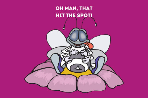 A cartoon of a satisfied bumble bee sitting on a flower.