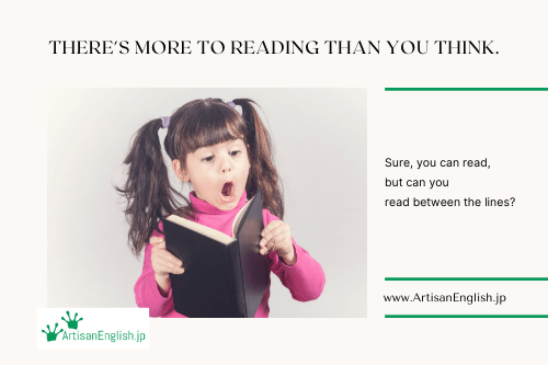 A little girl reading a book and looking very surprised.