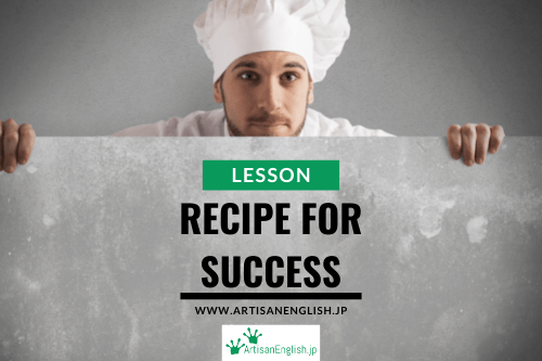 A chef holding a flour-covered cutting board that says 'Recipe for Success.'